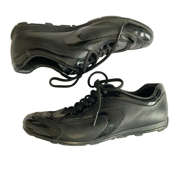 PRADA BLACK PATENT LEATHER TECHNICAL FABRICLACE UP SNEAKERS FOR WOMEN'S - 6 - Picture 5 of 9
